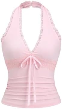SOLY HUX Women's Contrast Lace Ruched Bust Cami Crop Top Y2k Slim